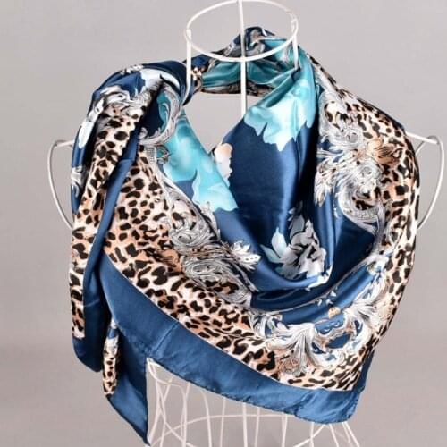 Summer Leopard peony flower silk Satin square Hairband hijab cool shawl ladies foulard femme headband hair bufanda mujer shawl