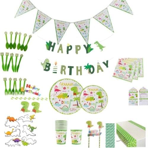 Cartoon Dinosaur Children Birthday Party Decoration Banner Paper Cup Paper Plate Tablecloth Dessert Table Set KK22