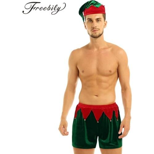 Men Soft Velvet Santa Claus Underwear Boxershorts Christmas Holiday Cosplay Costume Elastic Waistband Boxer Shorts with Hat