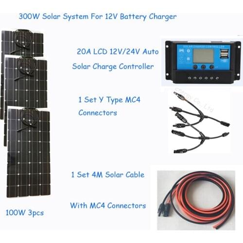 Newly 300w Diy solar home system kit 12V; flexible solar panel 100w 3pcs; 1*20A solar charge controller; 1 set solar cable 3M