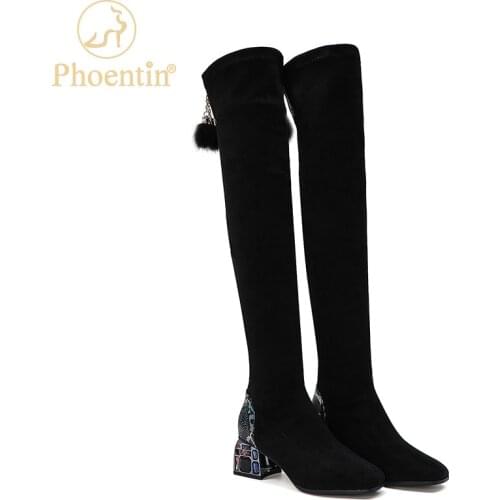 Phoentin overknee boots rhinestones heels slim stretchable boots elastic trend 2020 suede natural fashion shoes women fur FT1102