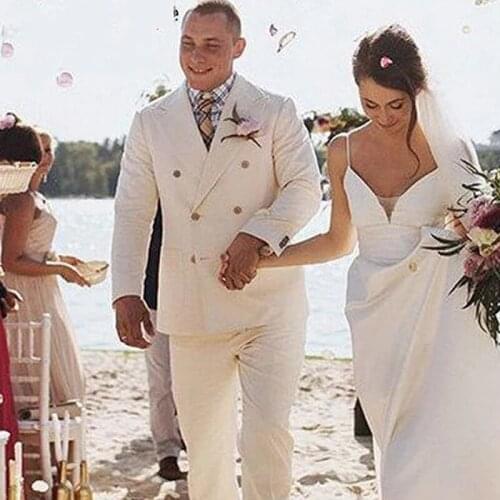 Beach Linen Wedding Tuxedo for Groom Summer with Double Breasted Men Suits Prom Slim Fit Male Fashion Blazer 2 Piece Jacket Pant