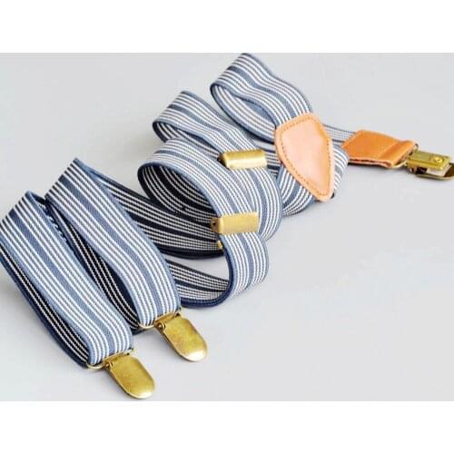 Men stripe suspender real leather clip braces for men navy white stripe suspender with firm clips 2.5cm gentlemen elastic braces