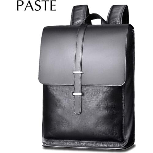 Simple Men Backpack Genuine Cow Leather Bagpack Business 15.6 Inch Laptop Computer Back Pack College Student School Bag Black