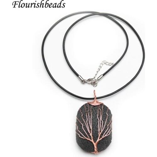 Rectangle Shape Rose Gold Color Life Tree Wrap Cabochon Pendant Necklace Dyed Pelelith Stone With Holes Fashion Gift
