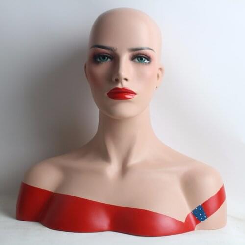 Realistic Red Hand Painted Cloth Fiberglass Female Mannequin Head Bust For Wigs