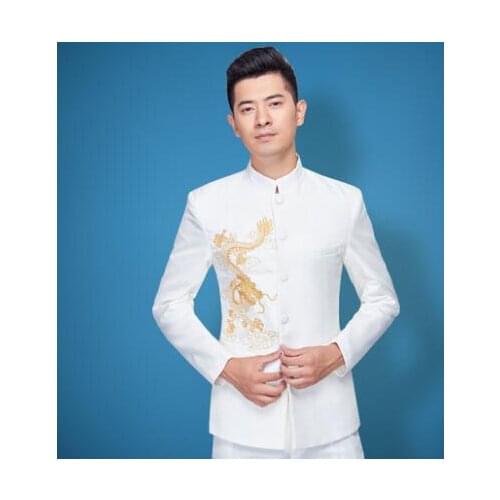 Singer stage white clothing for men suit set with pants Chinese tunic suit mens wedding suits costume groom formal dress chorus