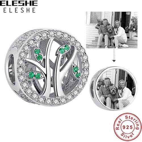 ELESHE 100% 925 Sterling Sliver Family Tree Flower Charms Personalized Photo Bead Fit Original Bracelet DIY Women Jewelry