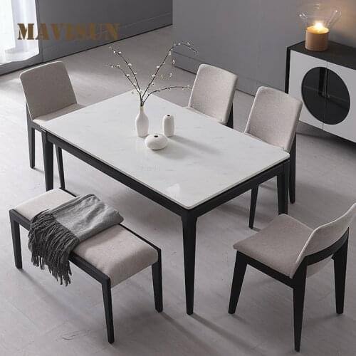 Nordic Modern Marble Stone Dining Table Small Apartment Rectangular Solid Wood Legs Table And Chair Combination For 6 People