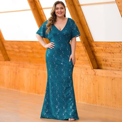 Evening Dress Short Sleeves Elegant Appliques Deep V-Neck Pleat Mermaid Empire Floor-Length Plus Size Women Formal Gowns D977