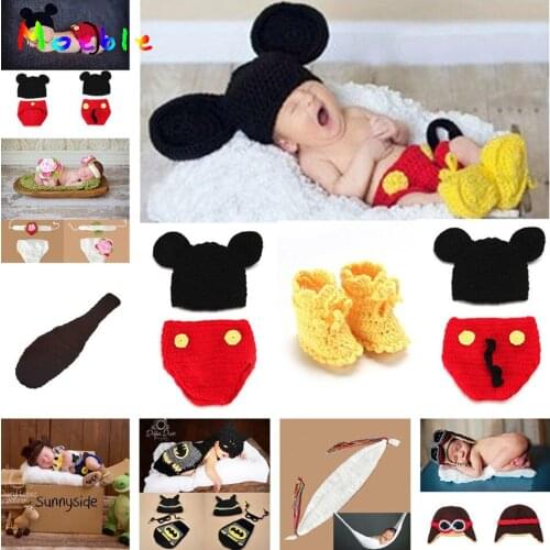 Mickey Designs Crochet Baby Hats Photo Props Infant Costume Outfits Newborn Crochet Beanies&pants&shoes Clothes 1set MZS-14016