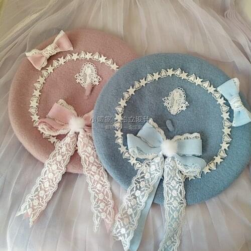 Japanese Berets Women Handmade Lolita Girly Sweet Cute Painter Hat Girls Soft Sister Lace Star Bowknot All-match Dome Hats