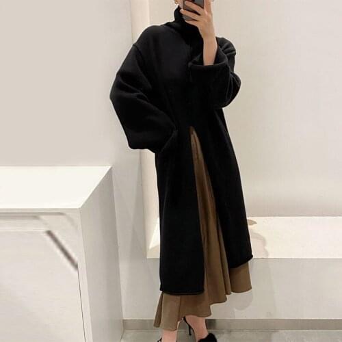 Winter Turtleneck Warm Knitted Sweater Dress Women Korean Chic Loose Split Mid-Length Dress Oversized Long Sleeve Pullover Top