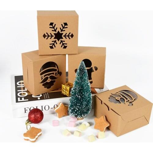 5Pcs Christmas Tree Elk Gift Box With Clear Window Kraft Paper Candy Apple Boxes For Xmas New Year Party Cake Cookies Packing