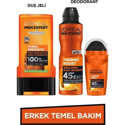 Male Basic Care Set Hydra Energetic Energy Giving Shower Gel 300ml + Thermic Resist Deodorant + Roll on