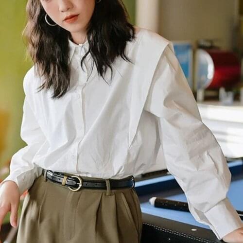 Deeptown Cotton White Blouse Women Patchwork Puff Sleeve Button Up Shirt Office Ladies Korean Style 2021 Vintage Long Sleeve Top