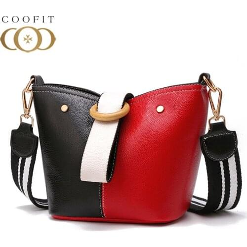 Coofit Hit Color Bucket Bags Women Handbag Fashion Leather Small Shoulder Bag All-Match Crossbody Bags Hand Purse For Lady Girls