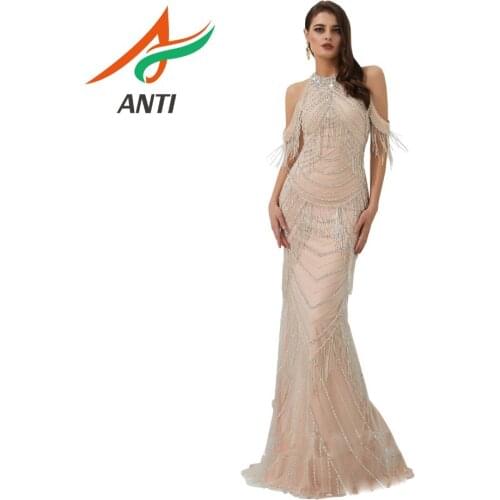 ANTI Long Arabic Turkish Champagne Off The Shoulder Mermaid Formal Evening Dress luxurious Beading Party Gowns Abendkleider 2019