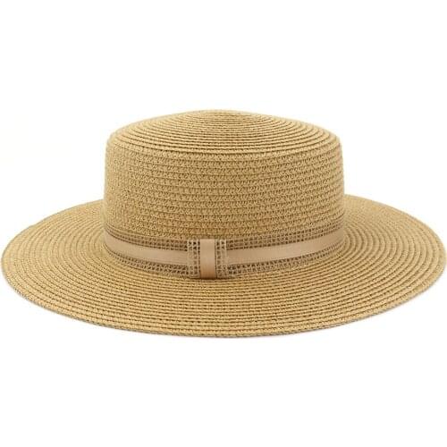 HT3583 New Straw Hat Summer Boater Beach Hat Women Wide Brim Panama Hat Ladies Flat Top Beach Cap Fedoras Female Summer Sun Hat