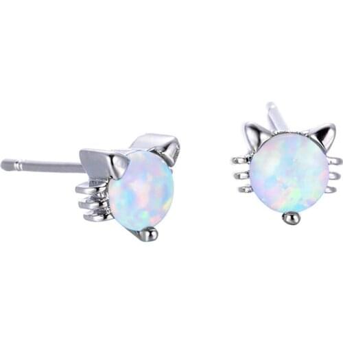 Dainty Small Cat Stud Earrings White Blue Round Opal Tiny Earrings For Women Wedding Jewelry Vintage Silver Color Animal Earring
