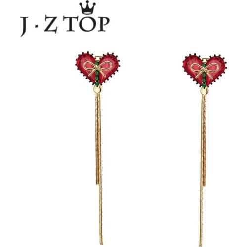 JZTOP Red Crystal Stud Earrings Heart Bowknot Tassel Earring Woman Luxury Rhinestone Long Earrings Party Jewelry
