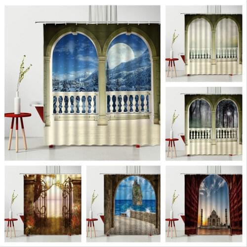 Creative Shower Curtain European Style Window Door Frame Bathroom Decoration Bathtub Decoration Waterproof Polyester Fabric