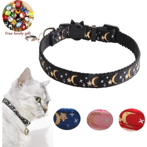 Cute Cat Collars with Bells Breakaway Star Moon Pet Cat Necklace Collars for Cats Adjustable Safety Kitten Collar Collier Chat