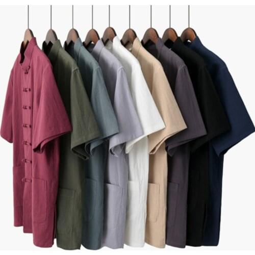 Mens shirt Chinese style cotton linen Tang suit short-sleeve laymans male Hanfu casual loose Tai Chi suit kung fu new arrival
