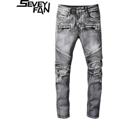 SEVEYFAN Mens Retro Skinny Biker Jeans Gray Broken Hole Denim Pants Streetwear Beggar Jeans Joggers