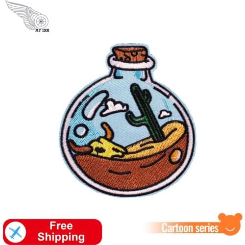 Desert Bottle Embroidery Patches Iron on for Clothing Diy Cute Things Cactus Badges Cartoon Kids Girls Accessory Bag Hat Custom