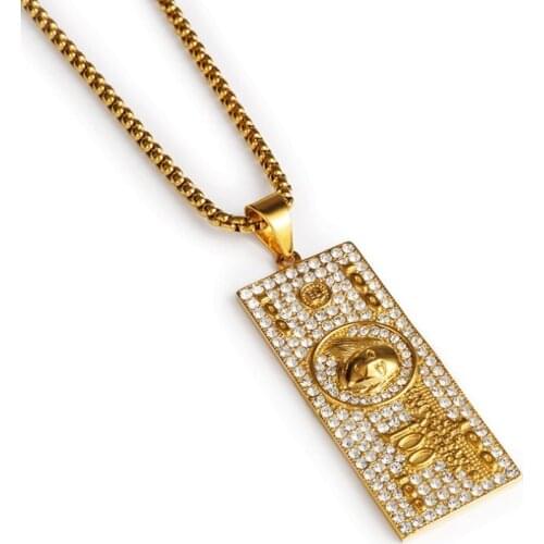 Stainless Steel Top Quality Square Dollar US Money Sign Pendant Necklace Rhinestone Twisted Chain Luxury Gift for Men Punk Gift