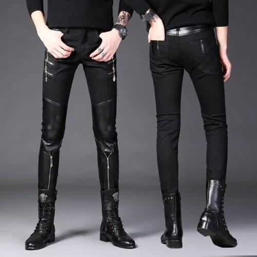 New Mens Casual Leather Motorcycle Pants Male Stitched Tight Splicing Trousers