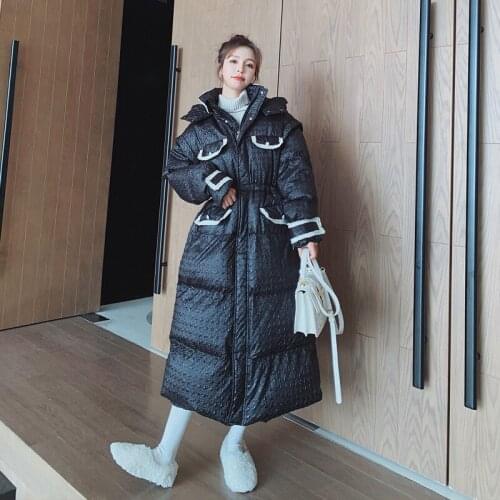 Womens Winter Down Cotton Coat Thick Long Korean Loose White Duck Material Black Hooded Stand-up Collar Small Fragrance Jacket