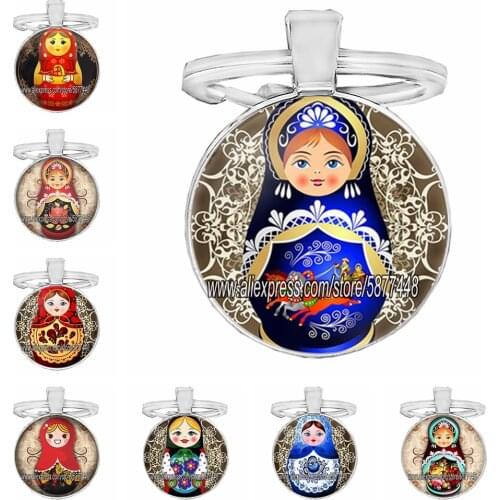 Russian Nesting Dolls Girl Keychain Cute Russian Doll Glass Cabochon Key Chain Handmade Gift for Christmas and New Year