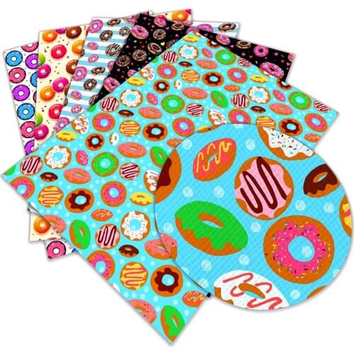 Donuts Rainbow Candy Pattern Printed Synthetic Leather Fabric for Bows Faux Leather Sheets DIY Handmade Project 22x30cm