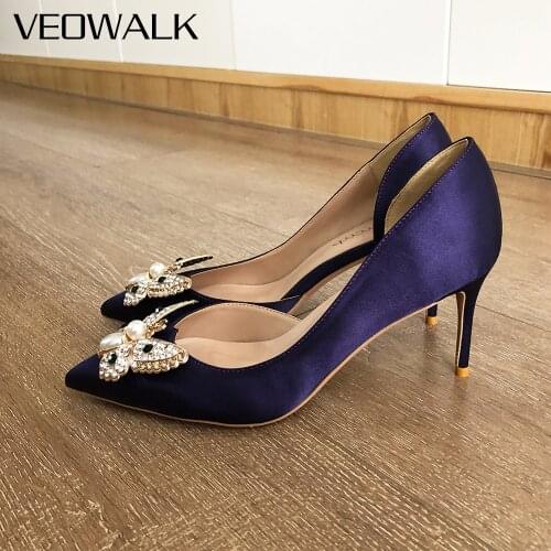 Veowalk Purple Satin Women Glitter Butterfly Pointed Toe Stiletto Pumps Elegant Ladies Wedding Party High Heel Dress Shoes 33-45