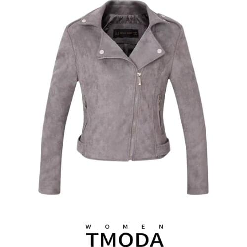TMODA253 2021 Women Autumn Winter Suede Faux Leather Jackets Lady Fashion Matte Motorcycle Coat Biker Gray Zipper Outerwear
