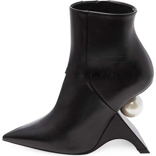 OLOMLB Womens Pointy Toe Genuine Leather A big Pearl Strange Fretwork High Heel Shoes Ankle Boots Black Sliver Luxury 2020