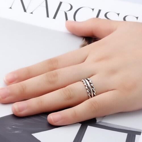 Pure 925 Sterling Silver Women Ring Vintage Round Twist Vine Adjustable Finger Rings for Lovers Wedding Jewelry