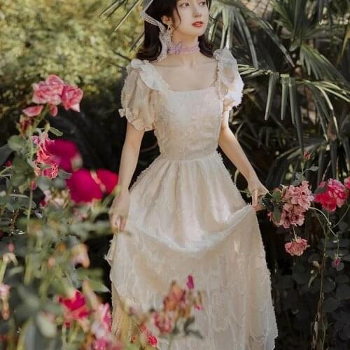 Vintage Dress Women Elegant Puff Sleeve Chiffon Fairy Dress Summer Embroidery Floral Elegant French Style Party Dress