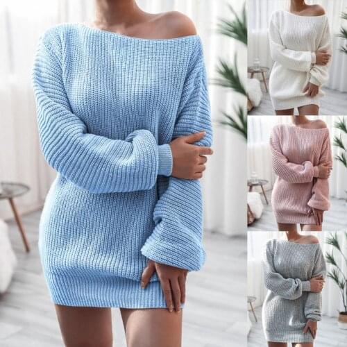 Winter Warm Sweater Women Basic Simple Solid Color Pullovers Slash Neck Long Sleeve Dress Ladies Sexy Knitted Dress for Office