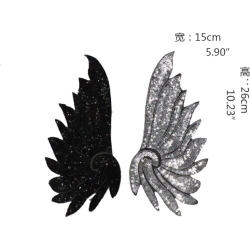 1 Pair Black Siliver Wings Sequins EMB Applique Sew On Patch DIY Embroidered Bling Bling Wings Applique Clothing Accessories