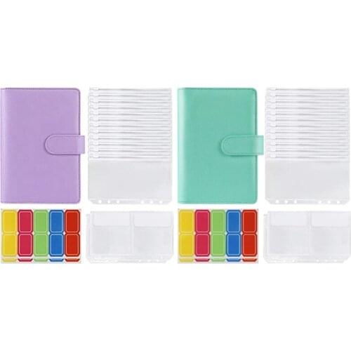 2set 14 Binder Bags A6 with Leather Binder Cover, 6 Rings Budget Binder with Cash Envelope (Purple&Green)