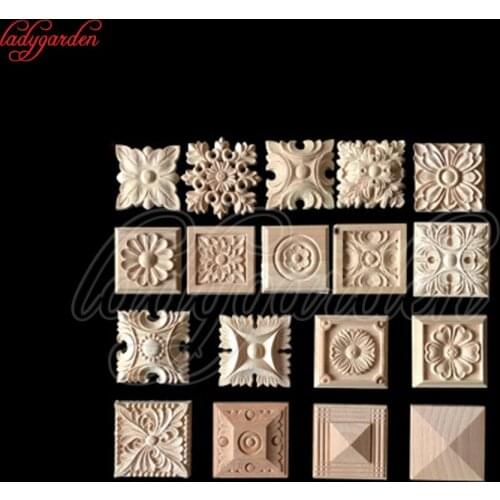 2PCS 8*8CM Wood Home Decoration Wooden Cupboard Doors and Windows Small Decorative Floral Applique Woodcarving Decal Corner