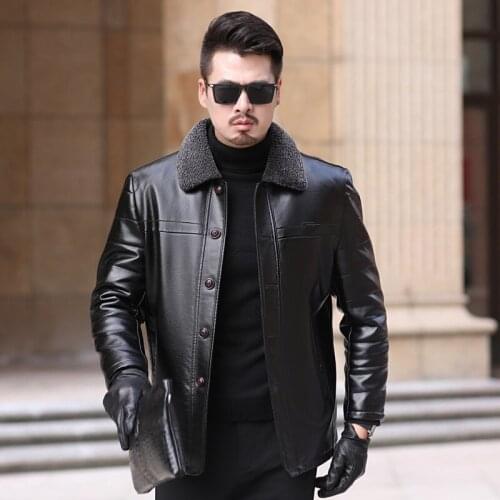 2019 Winter Faux PU leather Cashmere turtleneck Jacket Men Skinny jackets cotton Coats
