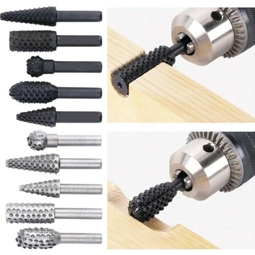 5PCS 1/4'' Drill Bit Rotary Rasp File Set for Woodworking Knife Wood Carving Tool Carpentry Wood Cutting Tools WorkDrill Bit Set