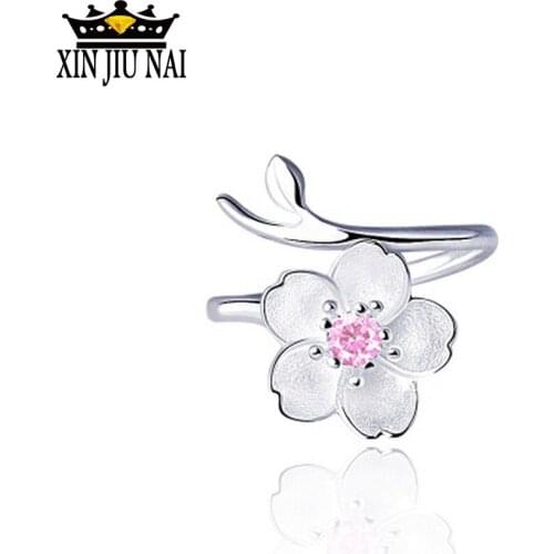 925 anillos Silver Flower Cherry Pink Purple Blossom Romantic Valentine Adjustable Ring Woman Sweet Rings Mothers Day Gift