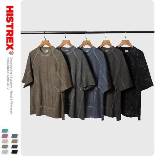 HISTREX Retro Patch Desinge Washed Heavy Cotton Thick 260g Men T Shirt Male O Neck Hip Hop Tshirt Summer O Nec Tshirt Man LSY9S