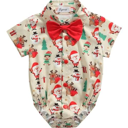 Newborn Baby Boy Clothes Christmas Cartoon Pattern Bow Decoration Short Sleeve Romper Single-Breasted Clothing For Boys 0-24M