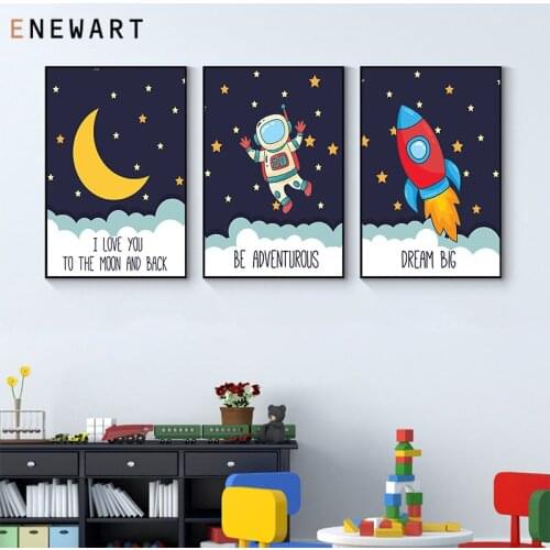 Space Astronaut Planet Rocket Nursery Wall Art Canvas Painting Posters and Prints Pictures Baby Children Bedroom Decor Picture